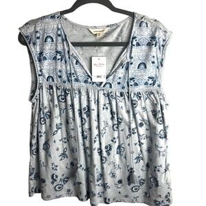 Lucky Brand Blue Tie Neck Top Shirt Size Medium Sleeveless Boho NEW